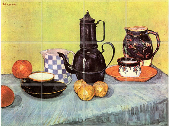 Still Life Blue Enamel Coffeepot & Fruit (12 x 4